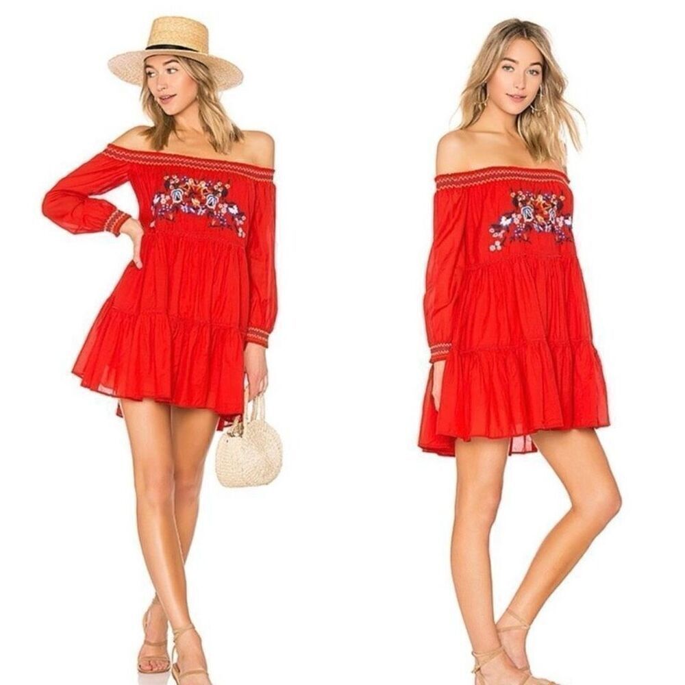 Free People Sunbeams Mini‎ Babydoll Dress Smocked Embroidered Women XS Red Boho